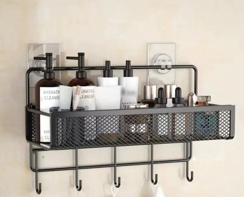Bathroom Storage Rack in black, with hooks, large