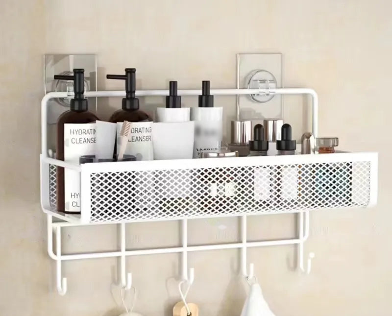 Bathroom Storage Rack in white, with hooks, large